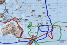 Routes of Captain James Cook through the South Pacific.
